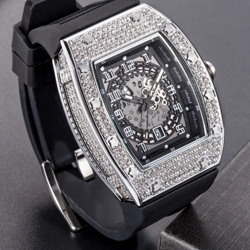 Full Diamond Silver Quartz Sport Watch